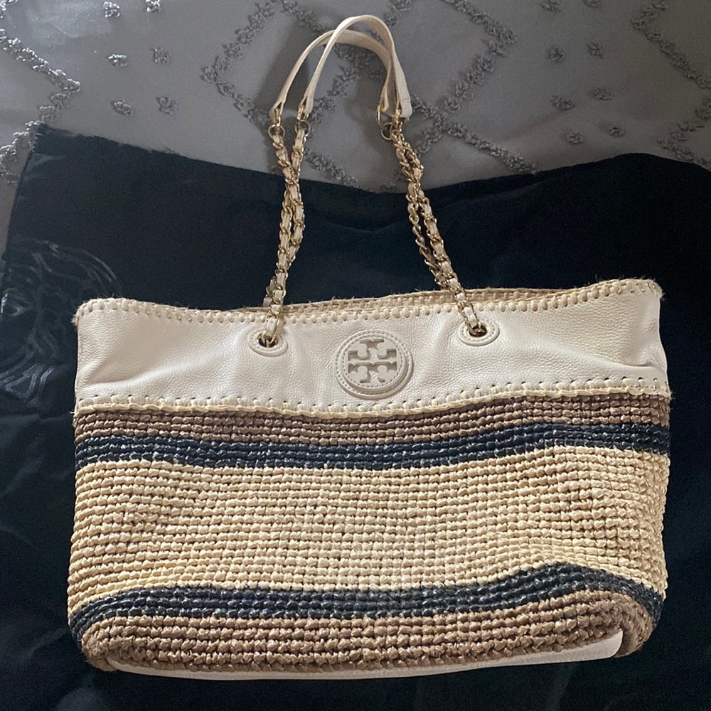 Ivory, brown, and black leather and woven Tory Burch handbag